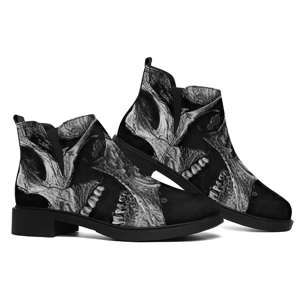 Monochrome Punk Skull Print Flat Ankle Boots