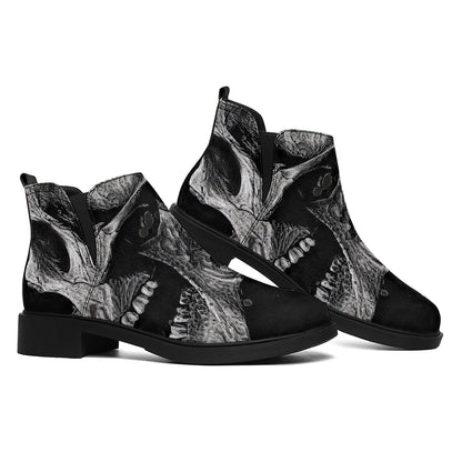 Monochrome Punk Skull Print Flat Ankle Boots