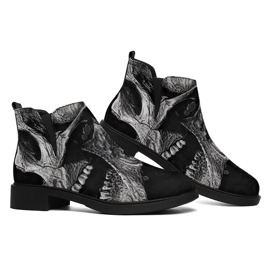 Monochrome Punk Skull Print Flat Ankle Boots