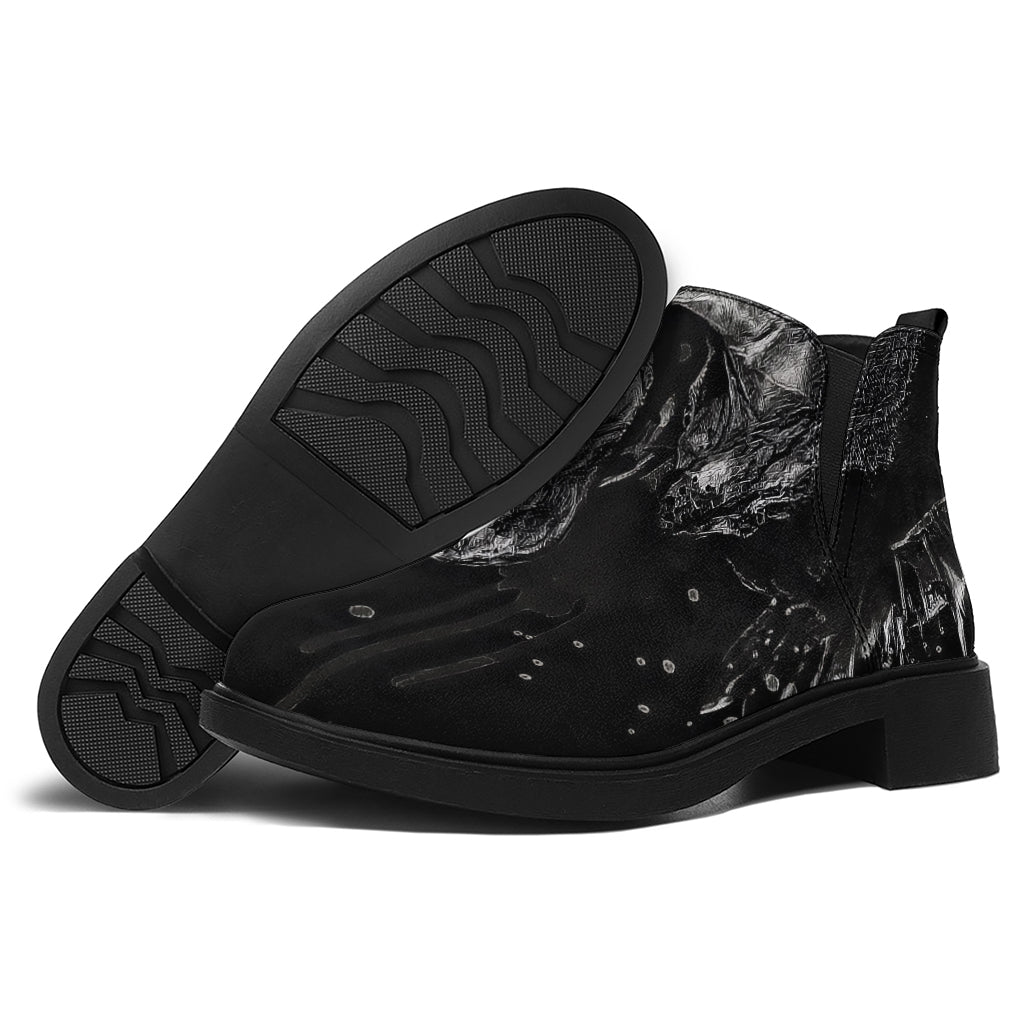 Monochrome Punk Skull Print Flat Ankle Boots