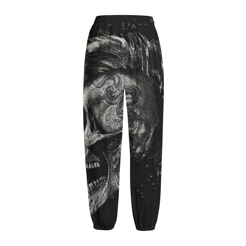 Monochrome Punk Skull Print Fleece Lined Knit Pants