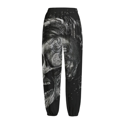 Monochrome Punk Skull Print Fleece Lined Knit Pants
