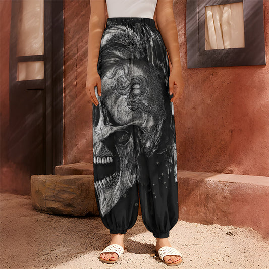Monochrome Punk Skull Print Harem Pants