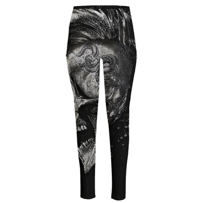 Monochrome Punk Skull Print High-Waisted Pocket Leggings