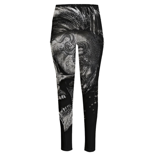 Monochrome Punk Skull Print High-Waisted Pocket Leggings
