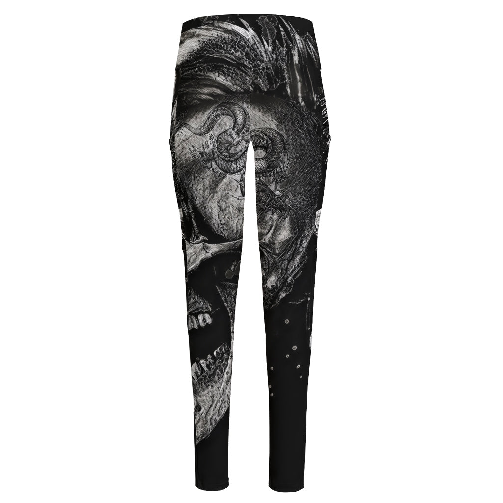 Monochrome Punk Skull Print High-Waisted Pocket Leggings