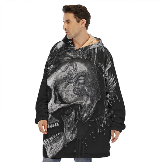 Monochrome Punk Skull Print Hoodie Blanket