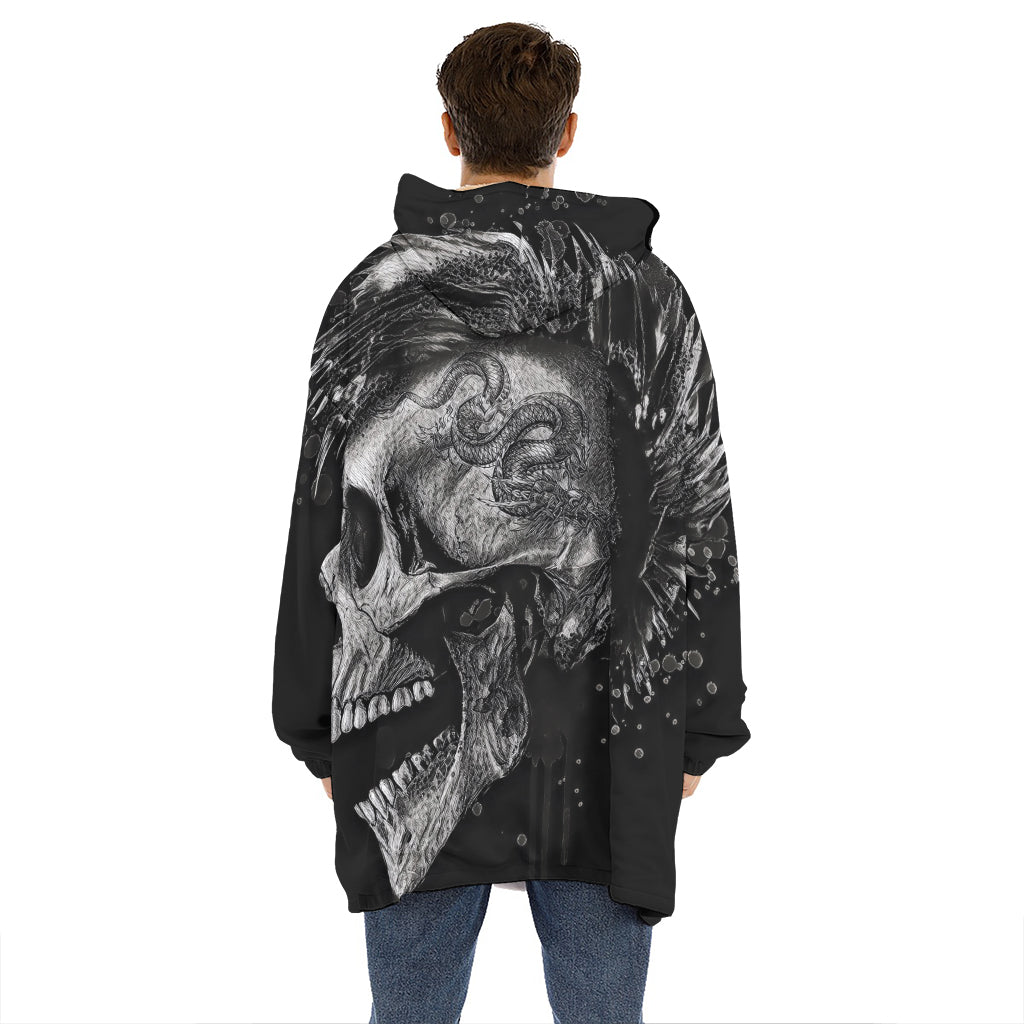 Monochrome Punk Skull Print Hoodie Blanket
