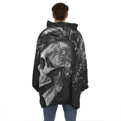 Monochrome Punk Skull Print Hoodie Blanket