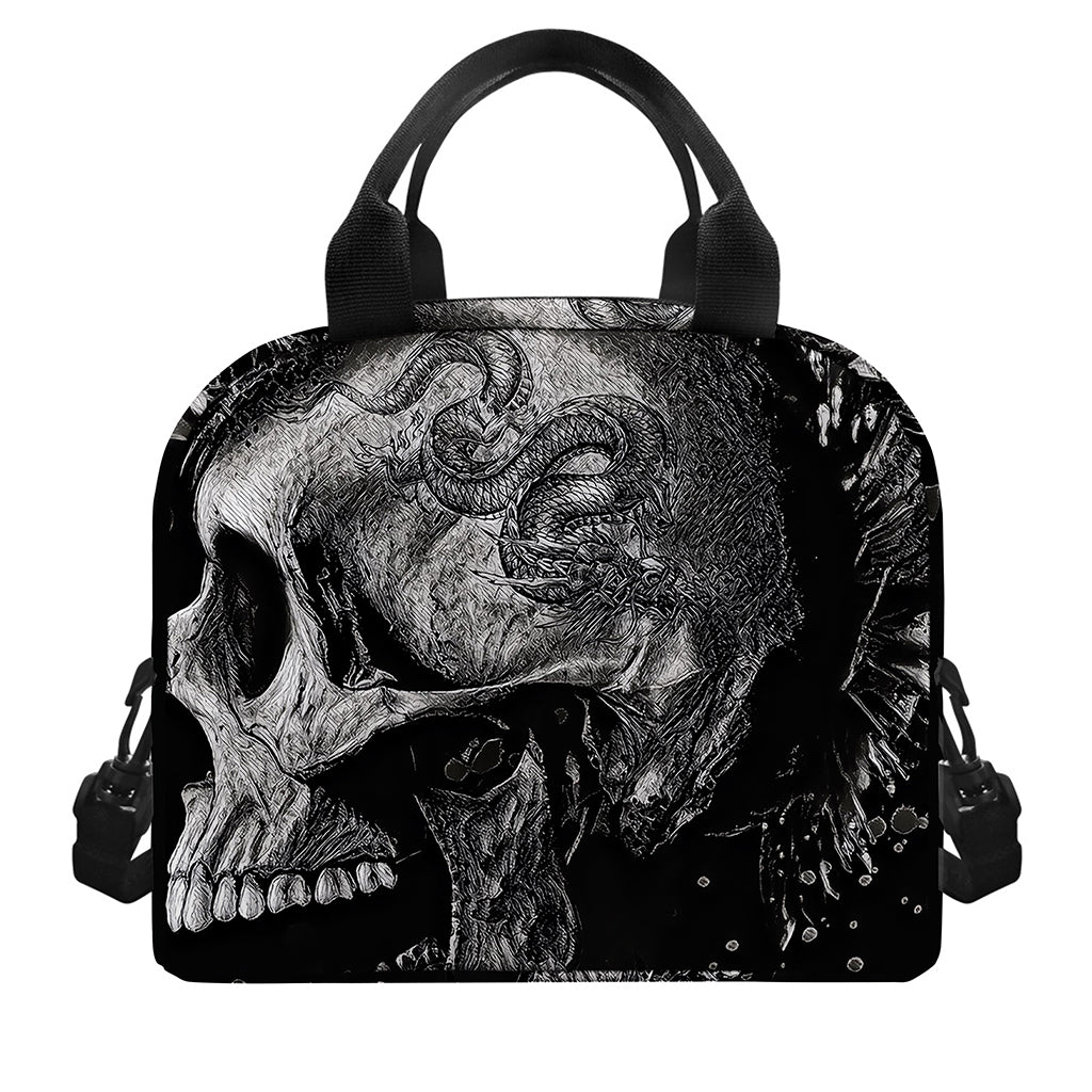 Monochrome Punk Skull Print Insulated Lunch Bag