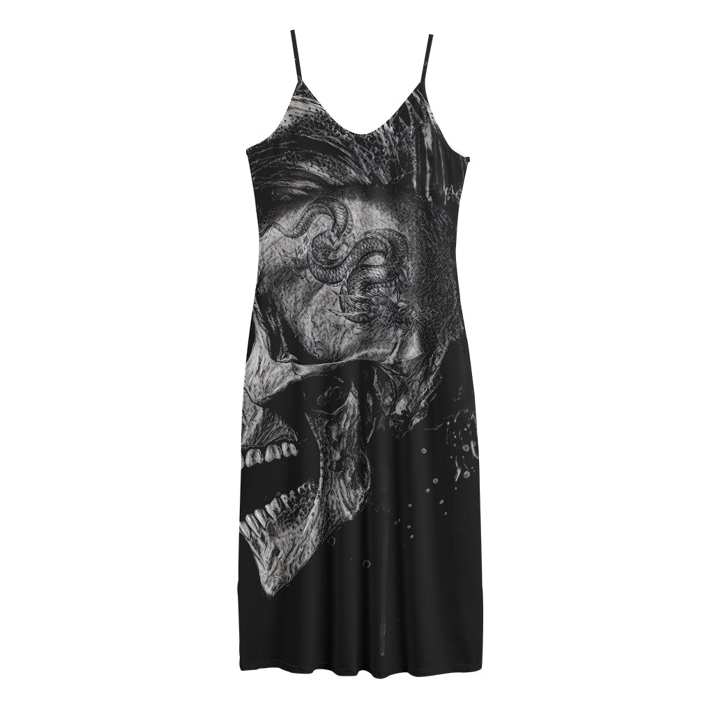 Monochrome Punk Skull Print Jersey Midi Cami Dress