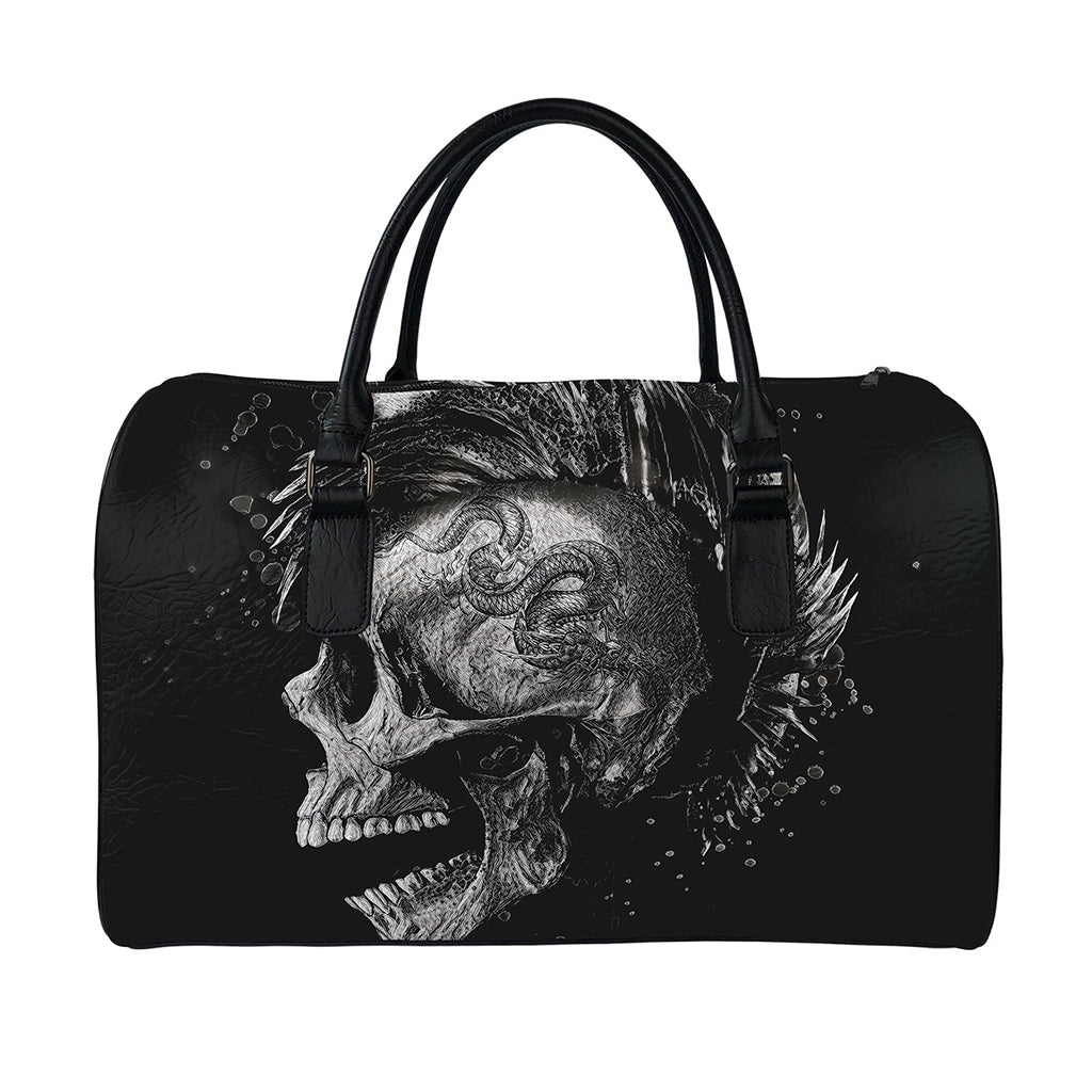 Monochrome Punk Skull Print Leather Duffle Bag