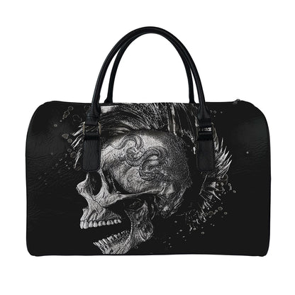 Monochrome Punk Skull Print Leather Duffle Bag