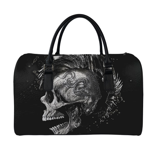 Monochrome Punk Skull Print Leather Duffle Bag