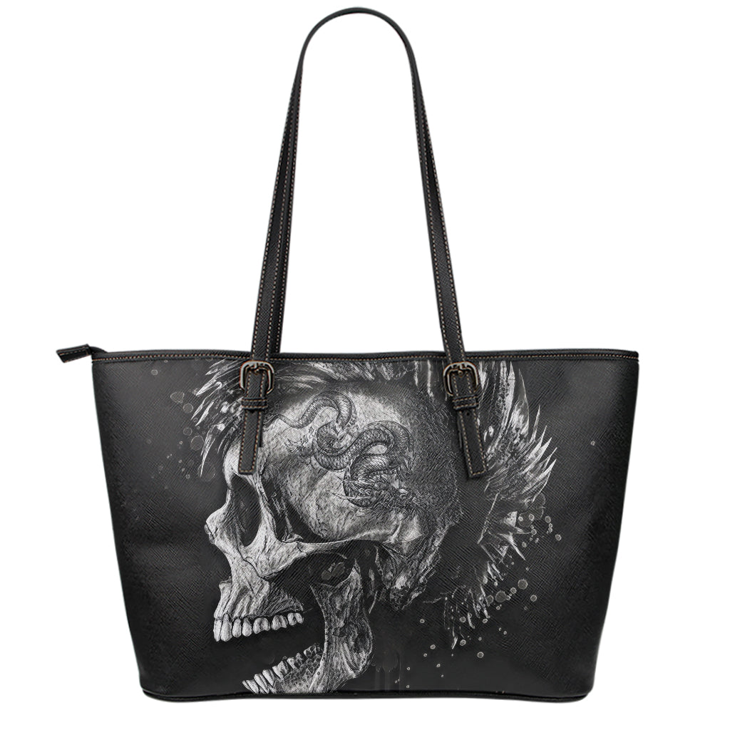 Monochrome Punk Skull Print Leather Tote Bag