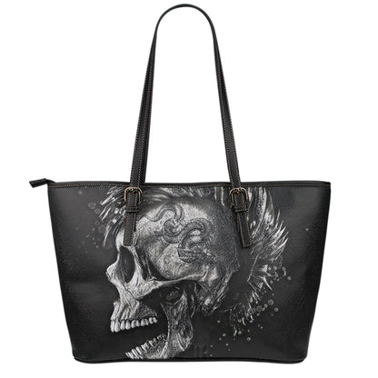 Monochrome Punk Skull Print Leather Tote Bag