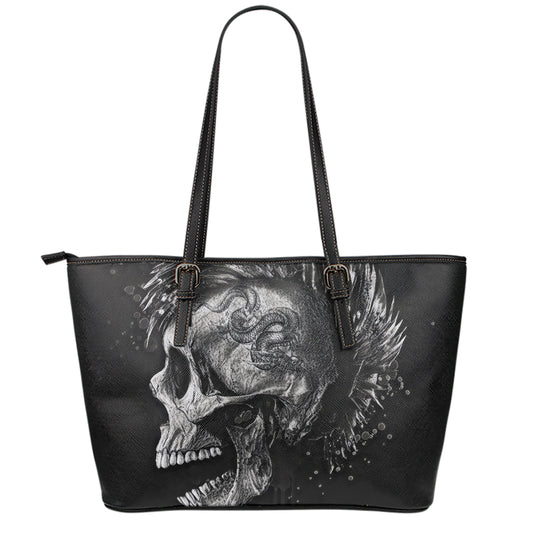 Monochrome Punk Skull Print Leather Tote Bag
