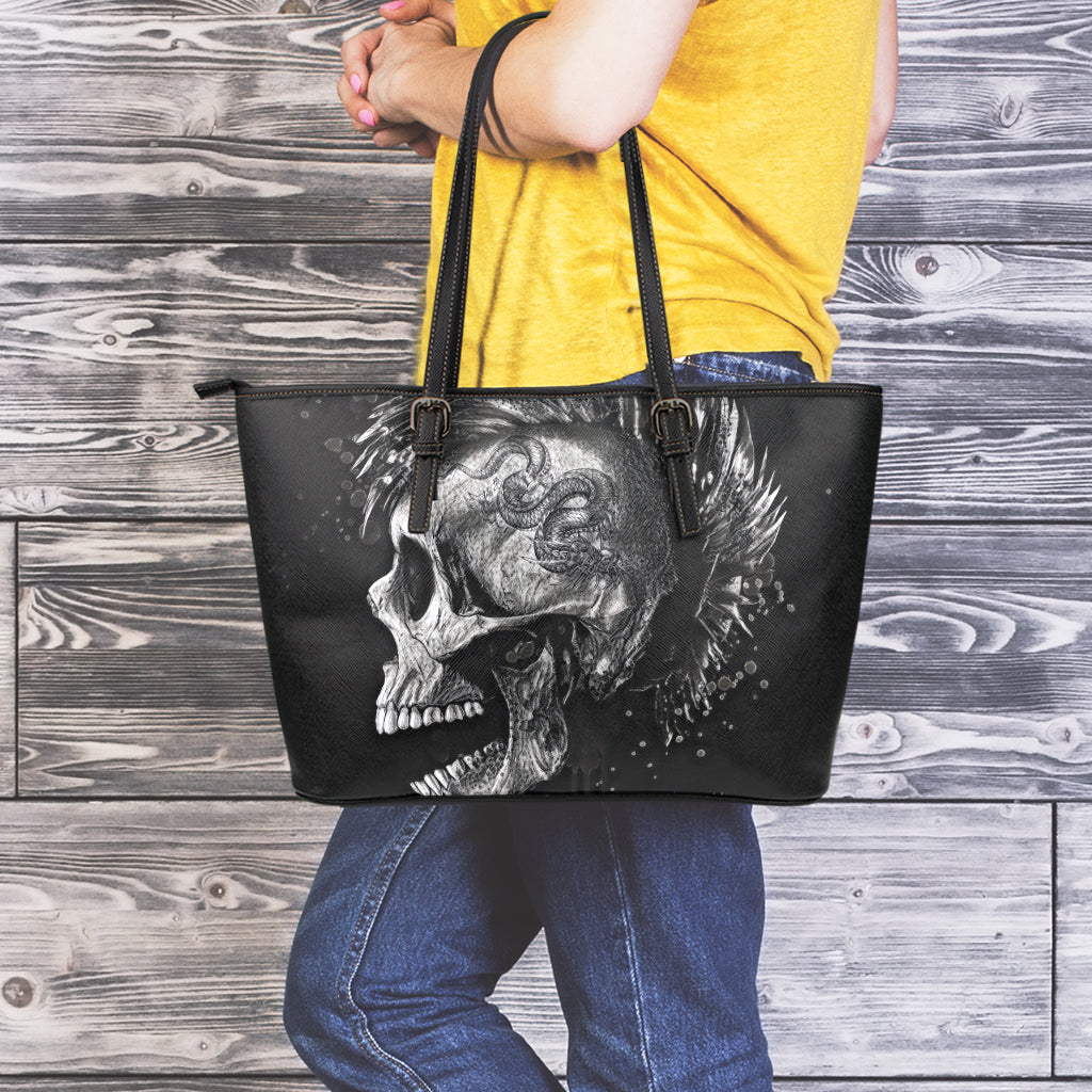 Monochrome Punk Skull Print Leather Tote Bag