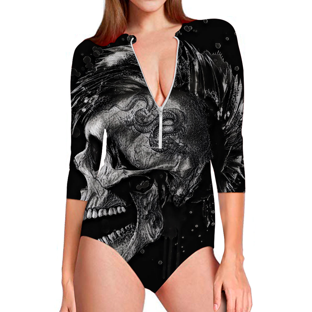 Monochrome Punk Skull Print Long Sleeve Swimsuit