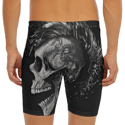 Monochrome Punk Skull Print Men's Long Boxer Briefs