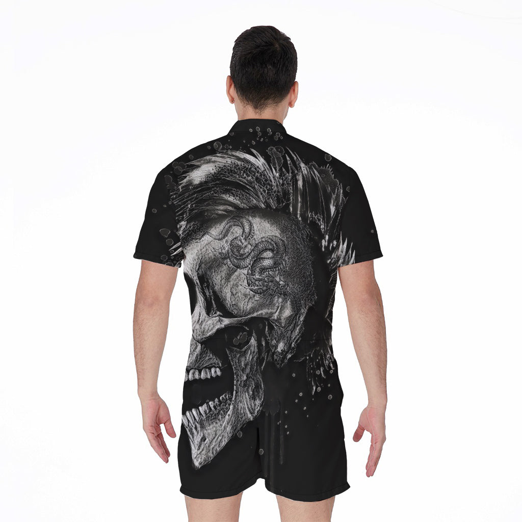 Monochrome Punk Skull Print Men's Rompers