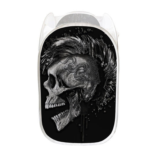 Monochrome Punk Skull Print Mesh Laundry Hamper