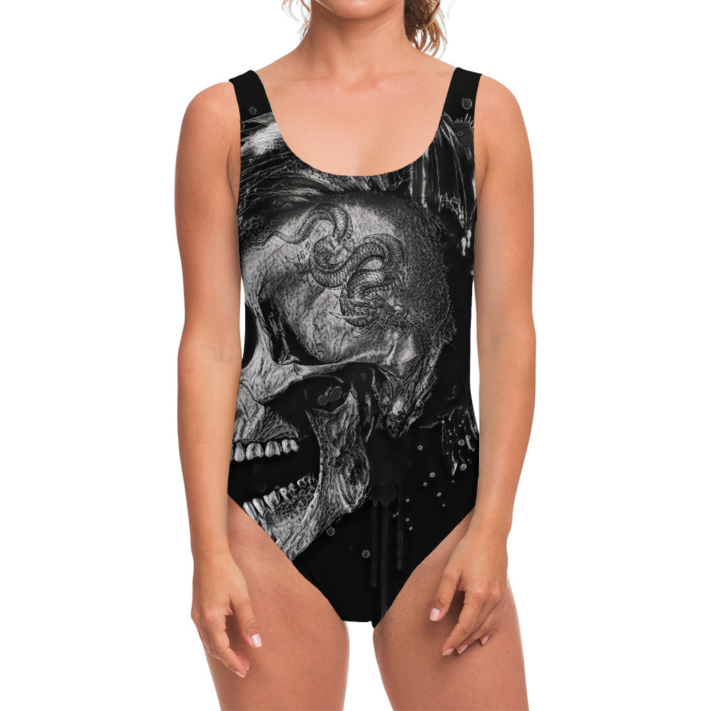 Monochrome Punk Skull Print One Piece Swimsuit