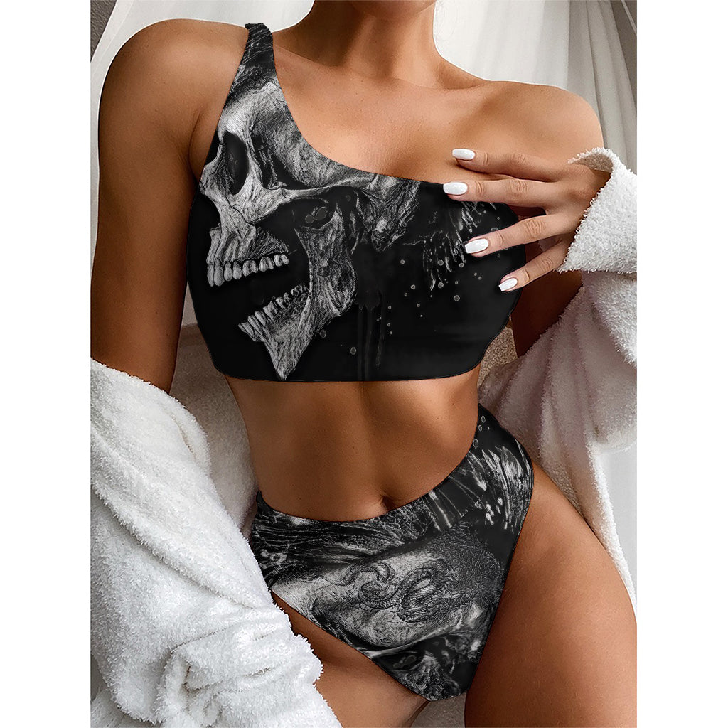 Monochrome Punk Skull Print One Shoulder Bikini Top