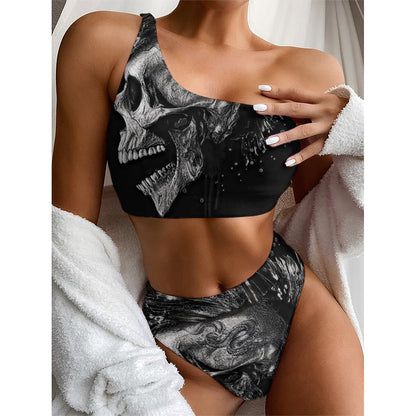 Monochrome Punk Skull Print One Shoulder Bikini Top