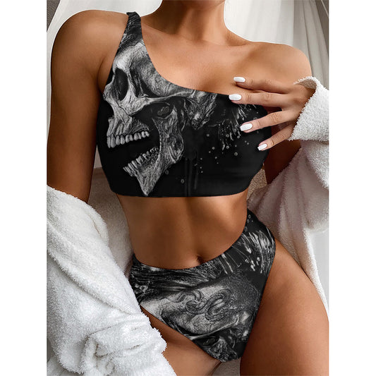 Monochrome Punk Skull Print One Shoulder Bikini Top