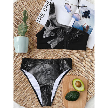 Monochrome Punk Skull Print One Shoulder Bikini Top