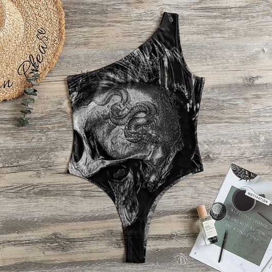 Monochrome Punk Skull Print One Shoulder Bodysuit