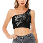 Monochrome Punk Skull Print One Shoulder Crop Top