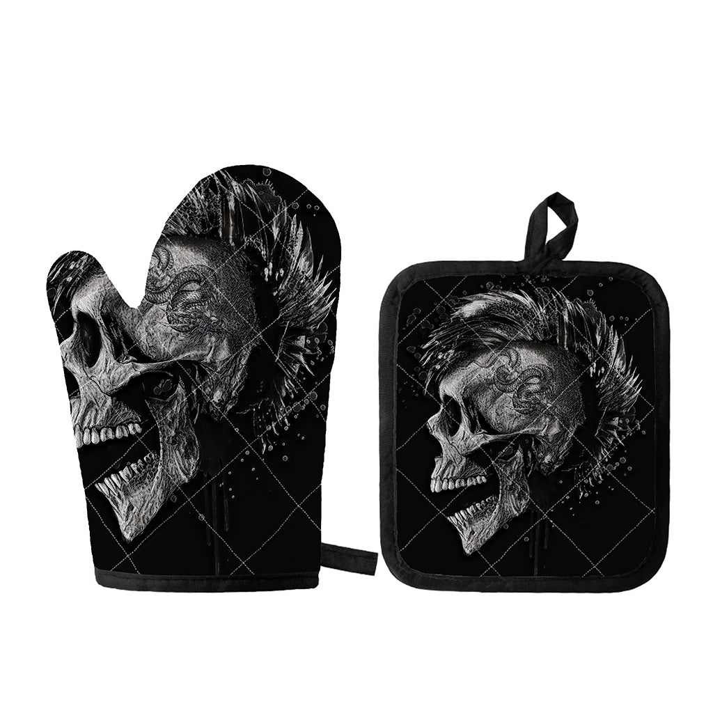 Monochrome Punk Skull Print Oven Mitt And Pot Holder Set