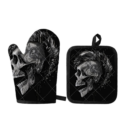 Monochrome Punk Skull Print Oven Mitt And Pot Holder Set