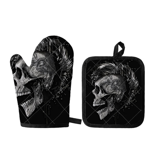 Monochrome Punk Skull Print Oven Mitt And Pot Holder Set