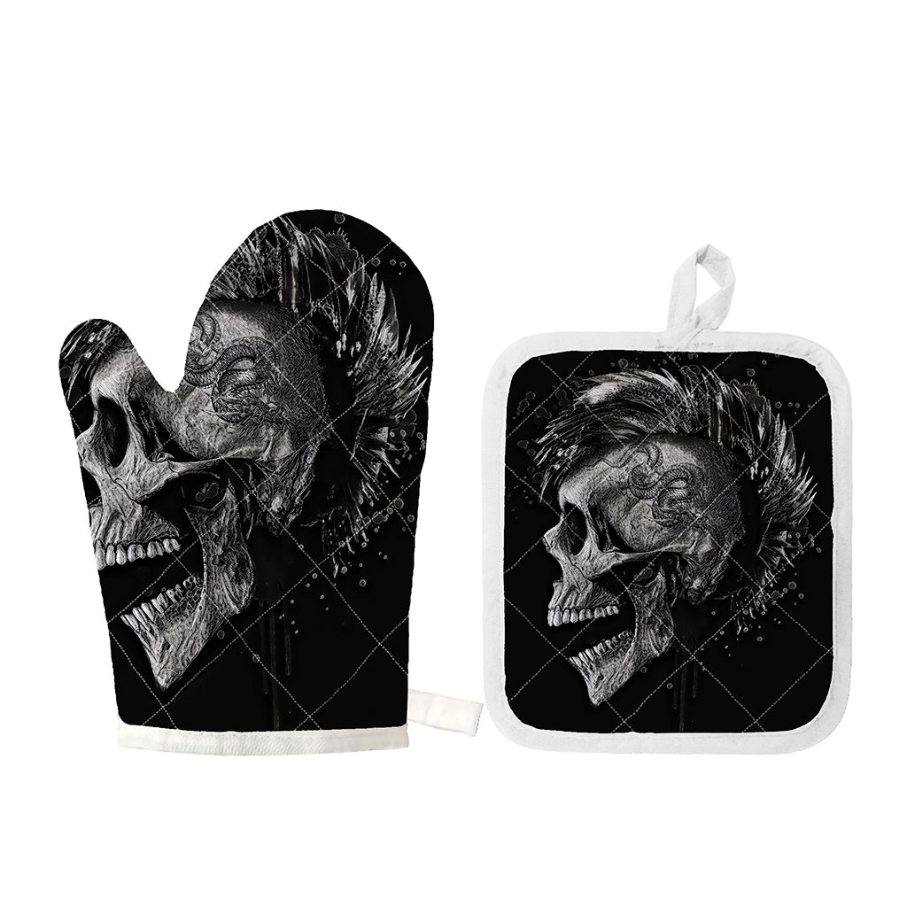 Monochrome Punk Skull Print Oven Mitt And Pot Holder Set