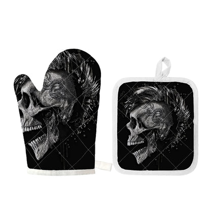 Monochrome Punk Skull Print Oven Mitt And Pot Holder Set