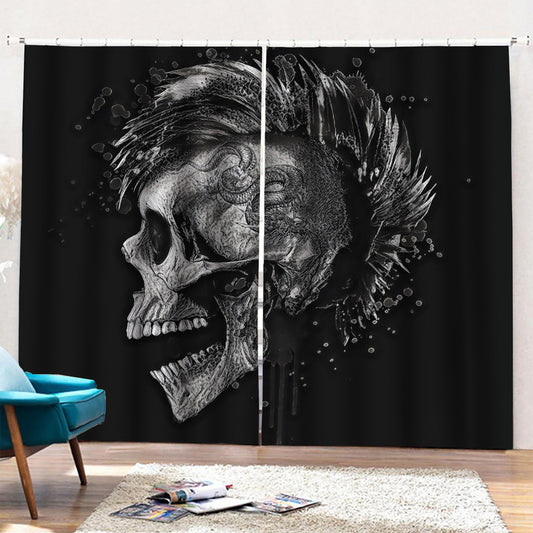 Monochrome Punk Skull Print Pencil Pleat Curtains