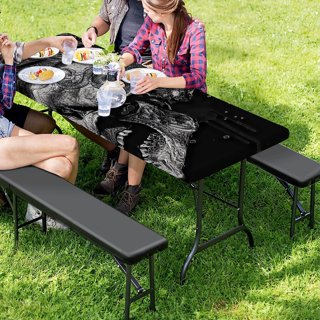 Monochrome Punk Skull Print Picnic Table Cover