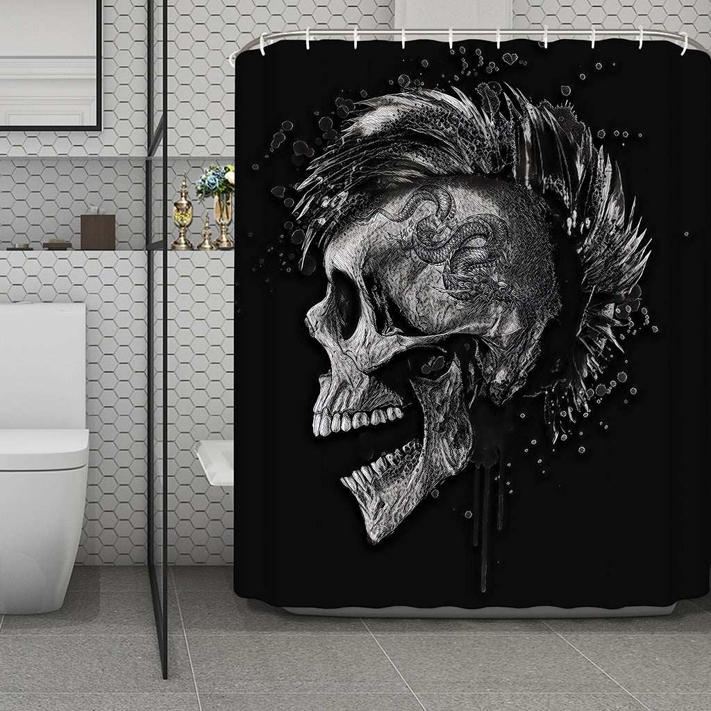 Monochrome Punk Skull Print Polyester Shower Curtain