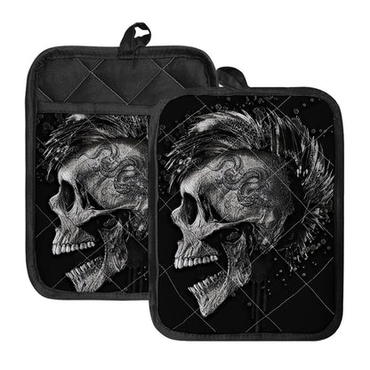 Monochrome Punk Skull Print Pot Holders With Pocket