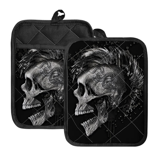 Monochrome Punk Skull Print Pot Holders With Pocket