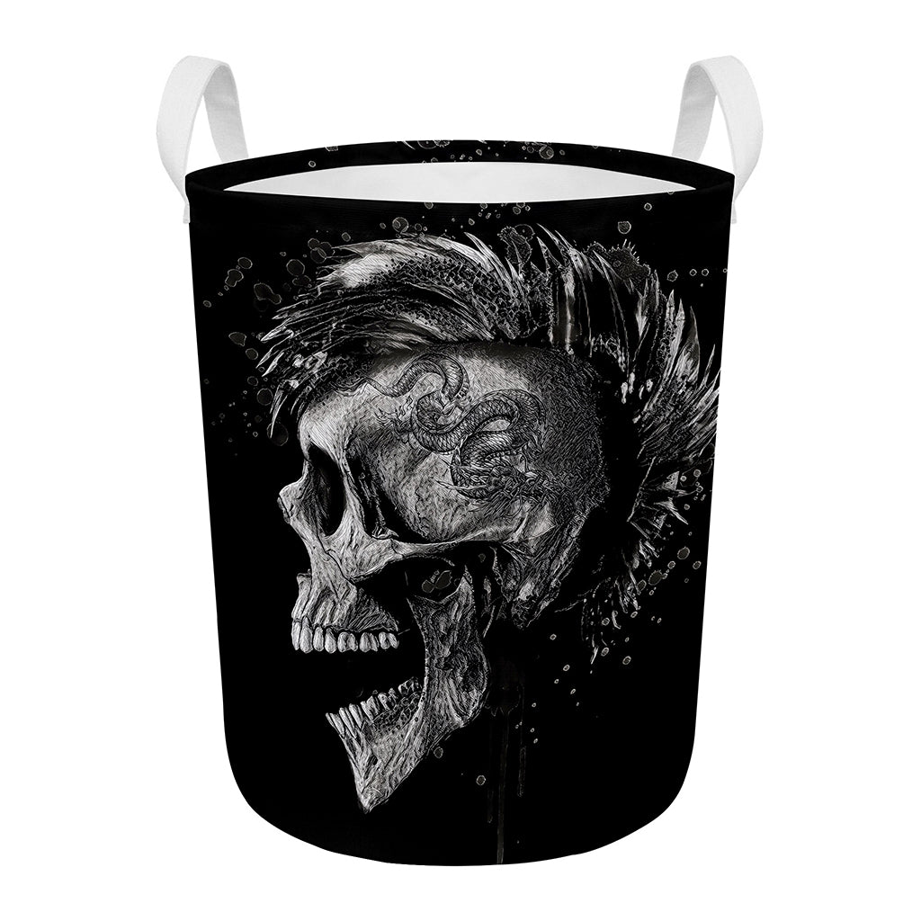 Monochrome Punk Skull Print Round Laundry Basket