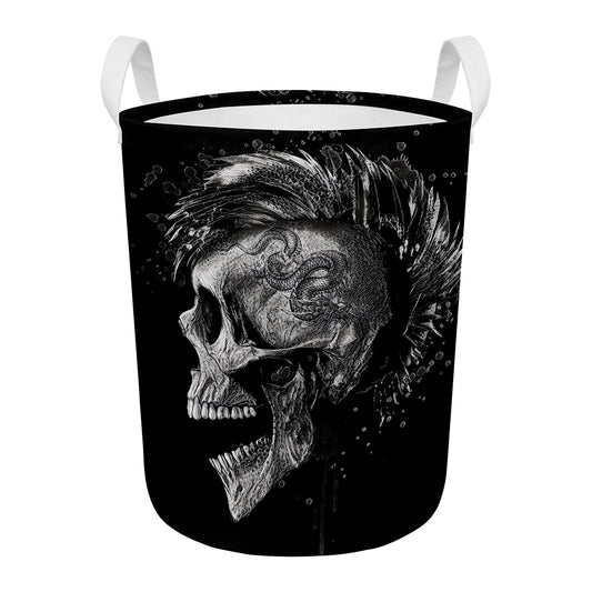 Monochrome Punk Skull Print Round Laundry Basket