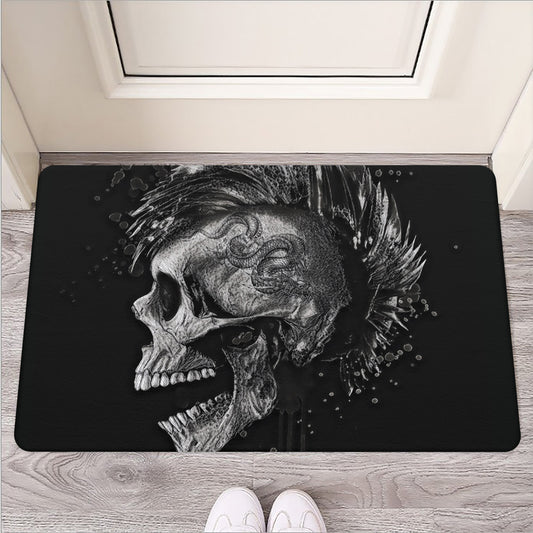 Monochrome Punk Skull Print Rubber Doormat