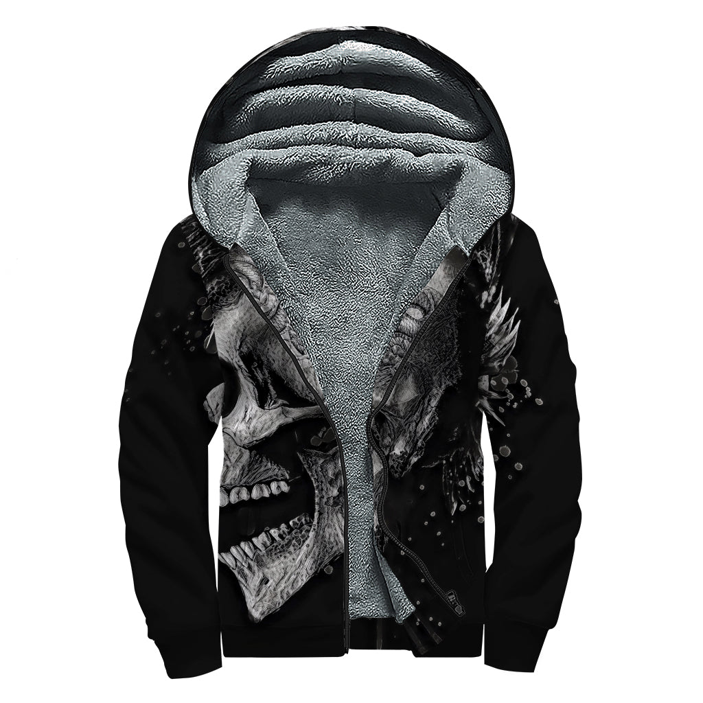 Monochrome Punk Skull Print Sherpa Lined Zip Up Hoodie