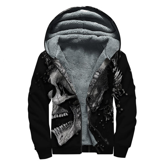 Monochrome Punk Skull Print Sherpa Lined Zip Up Hoodie