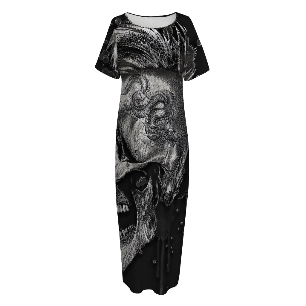 Monochrome Punk Skull Print Short Sleeve Long Nightdress