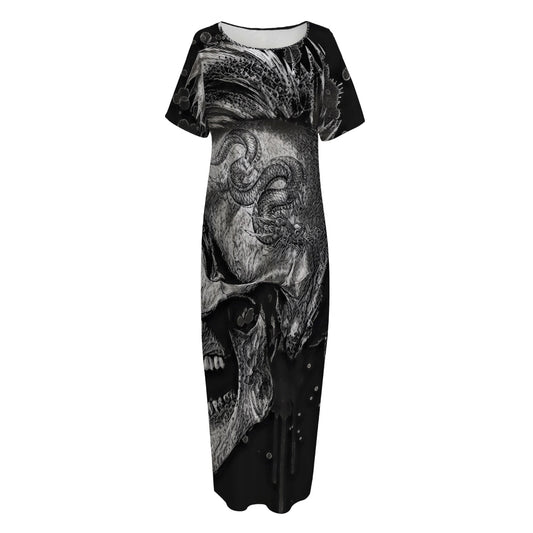 Monochrome Punk Skull Print Short Sleeve Long Nightdress